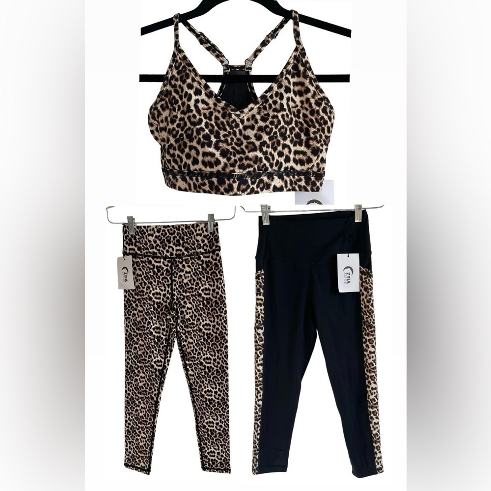 NWT Zyia Leopard 3-Piece Mix & Match Set, One Bra, Two Leggings, Size 4/XS
